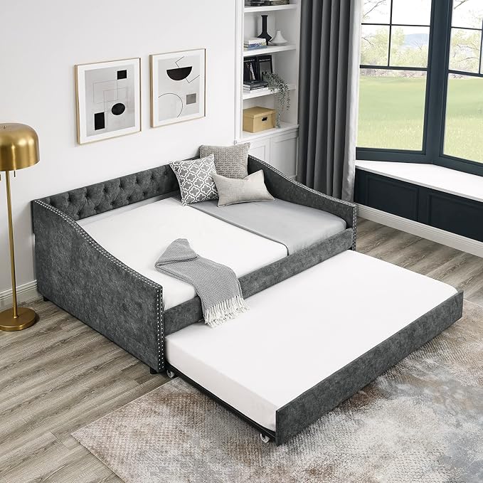 Full Size Upholstered Daybed with Twin Size Trundle, Tufted Full Day Bed w/Button Back and Waved Shape Copper Nail Arms, No Spring Box Needed, Easy Assemble, for Living Room - LeafyLoom