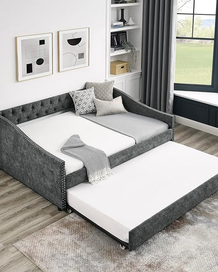 Full Size Daybed with Trundle,Linen Upholstered Sofa Bed W/Button on Back & Copper Nail on Waved Shape Armrests,Space Saving,No Spring Box Need,Wood Bedframe for Living Room Bedroom Dorm,Grey - LeafyLoom
