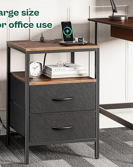 Night Stand with Charger Station, 27.7 Inch Tall Nightstand, Bed Side Table with 2 Fabric Drawers, Fabric Drawer Dresser for Bedroom, Living Room, Rustic Brown and Black - LeafyLoom