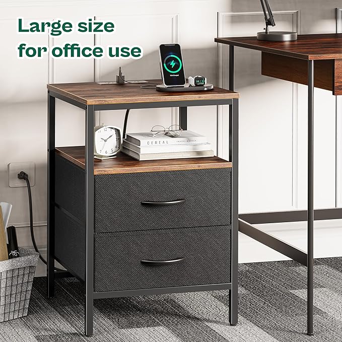Night Stand with Charger Station, 27.7 Inch Tall Nightstand, Bed Side Table with 2 Fabric Drawers, Fabric Drawer Dresser for Bedroom, Living Room, Rustic Brown and Black - LeafyLoom