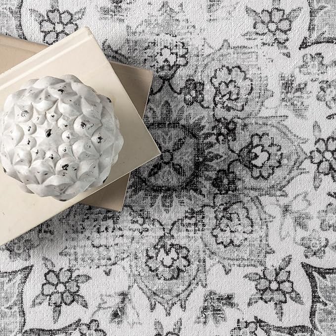 nuLOOM Ren Vintage Floral Machine Washable Ultra Thin Area Rug, 4x6, Grey - LeafyLoom