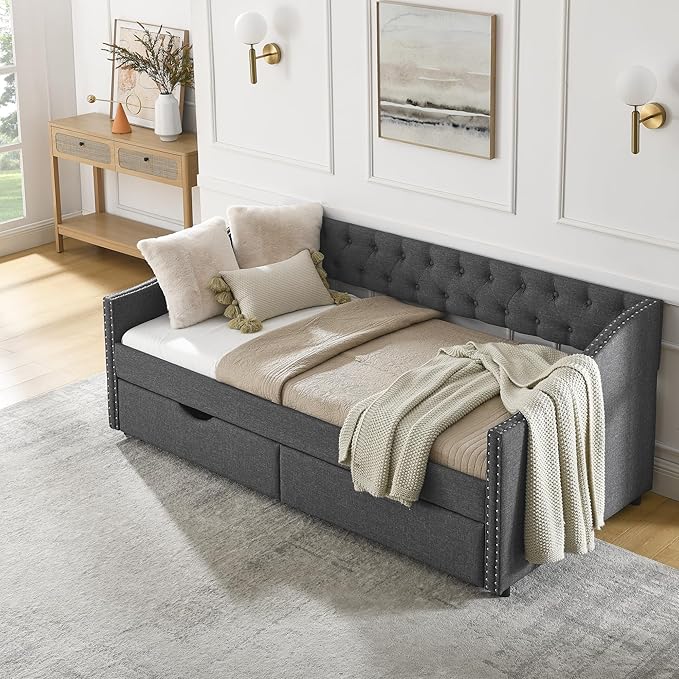 Twin Size Daybed with Two Storage Drawers, Linen Upholstered Tufted Sofa Bed w/Button on Back and Copper Nail on Waved Shape Arms, for Bedroom Living Room, No Box Spring Needed, Dark Grey - LeafyLoom