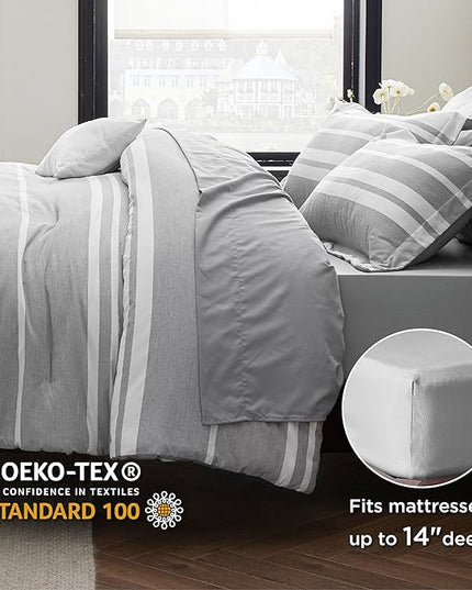 Bedsure Extra Long Twin XL Comforter Set, Grey Twin XL Bedding Set, All Season Dorm Room Essentials with 1 Pillow Sham, Flat Sheet, Fitted Sheet and 1 Pillowcase - LeafyLoom