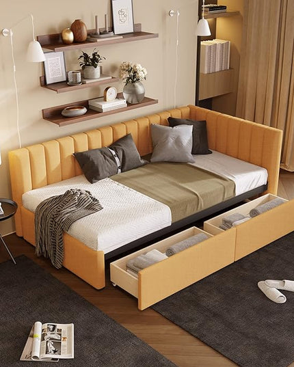 Twin Size Upholstered Daybed with 2 Storage Drawers,Solid Wood Sofa Bed Frame W/Linen Fabric Backrest,No Box Spring Needed,for Living Room Bedroom Apartment Yellow - LeafyLoom