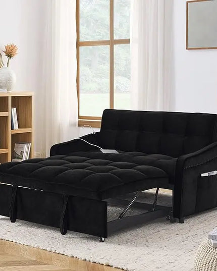 Tufted Convertible Futon Loveseat Pull Out Couch Bed 3 in 1 Velvet Upholstered Sleeper Sofa Recliner Love Seat Lounge Chaise Daybed with Adjustable Backrest Type C and USB Charging for Living Room - LeafyLoom