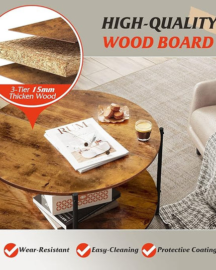 WLIVE Round Coffee Table, Rustic 2-Tier Circle Coffee Table with Open Storage Shelf, Industrial 32.6" Wood Round Center Table for Living Room, Bedroom, Home Office, Rustic Brown - LeafyLoom