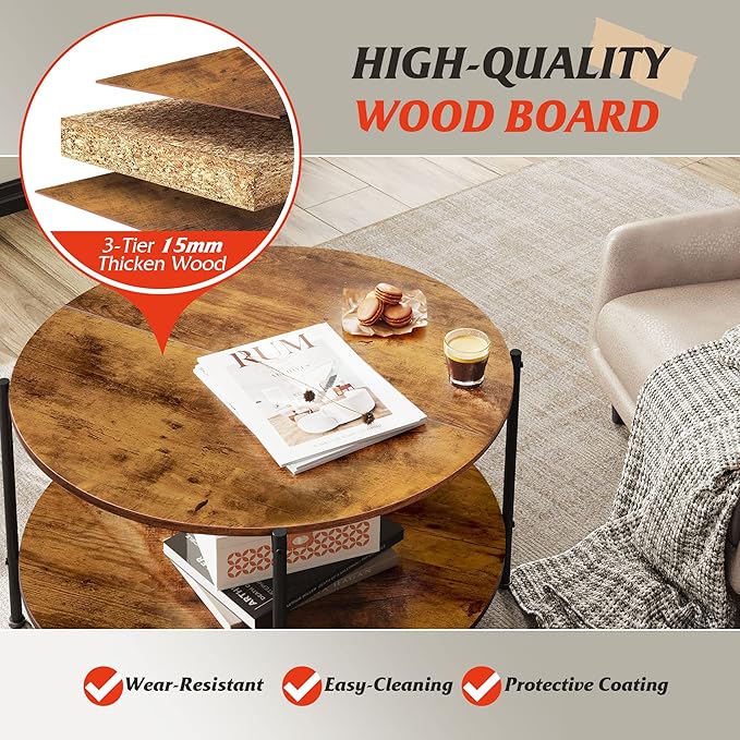 WLIVE Round Coffee Table, Rustic 2-Tier Circle Coffee Table with Open Storage Shelf, Industrial 32.6" Wood Round Center Table for Living Room, Bedroom, Home Office, Rustic Brown - LeafyLoom