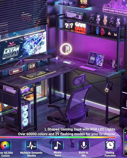 Small L Shaped Gaming Desk with Power Outlets, 48" Reversible L Shaped LED Computer Desk with Monitor Stand & Storage Shelf, Corner Gamer Desk Home Office Desk with Storage Bag, Black Oak - LeafyLoom