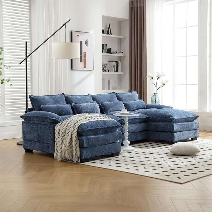6 Seater Overstuffed Modular Sectional Sofa Cloud Couch with Double Chaise Lounge, U Shaped Chenille Upholstered Leisure Sofa&Couches with Memory Foam and Waist Pillows for Living Room Office - LeafyLoom