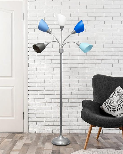 Simple Designs LF2006-SBG 67" Contemporary Multi Head Medusa 5 Light Adjustable Gooseneck Silver Floor Lamp with Blue, White, Gray Shades for Kids Bedroom Playroom Living Room Office - LeafyLoom