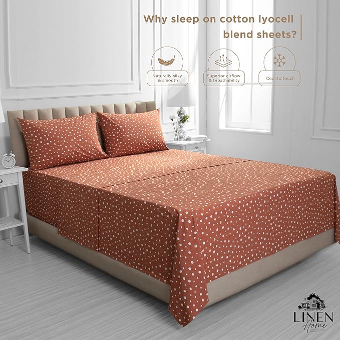 Linen Home Cotton Lyocell Blend Percale Printed Sheet Set, Pre-Washed & Shrunk, Cooling Bed Sheets, Full Size, 4 Pieces - 1 Flat, 1 Deep Pocket Fitted Sheet, 2 Pillowcases, Polka Cedarwood - LeafyLoom