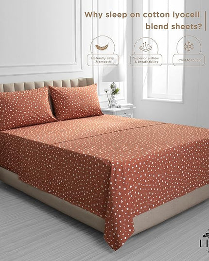 Linen Home Cotton Lyocell Blend Percale Printed Sheet Set, Pre-Washed & Shrunk, Cooling Bed Sheets, Twin Size, 3 Pieces - 1 Flat, 1 Deep Pocket Fitted Sheet, 1 Pillowcase, Polka Cedarwood - LeafyLoom