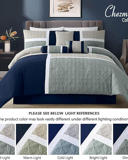 Chezmoi Collection Upland 7-Piece Quilted Patchwork Comforter Set, Navy/Blue/Gray, California King - LeafyLoom