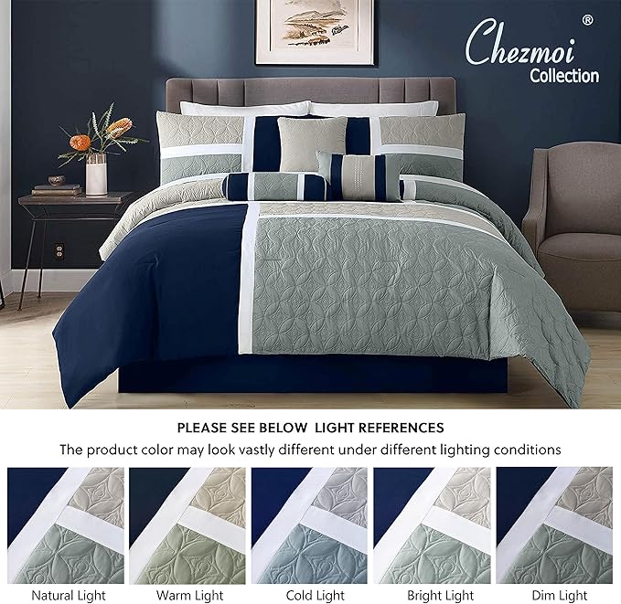 Chezmoi Collection Upland 7-Piece Quilted Patchwork Comforter Set, Navy/Blue/Gray, California King - LeafyLoom