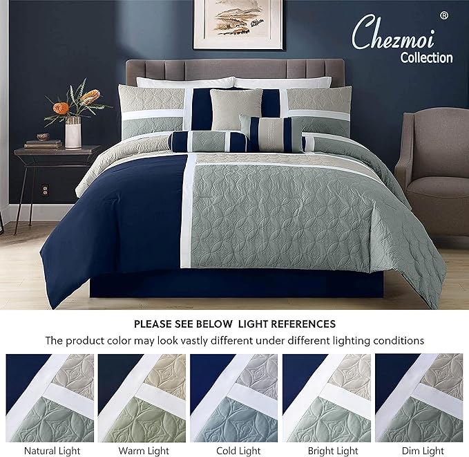 Chezmoi Collection Upland 7-Piece Quilted Patchwork Comforter Set, Navy/Blue/Gray, King - LeafyLoom