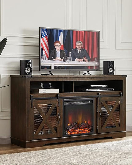 Okvnbjk Fireplace TV Stand for TVs up to 70", Entertainment Center with 18" Electric Fireplace, Farmhouse TV Stand Industrial Media Console with Sliding Barn Door for Living Room, 58 Inch, Dark Walnut - LeafyLoom