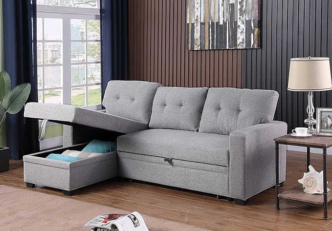 L Shaped Convertible Sofa, 82 Inch Sectional Couch Chaise, Linen Reversible Upholstered Pull Out Bed with Storage Space for Living Room, Apartment and Office, 82inch, Light Gray-2 - LeafyLoom