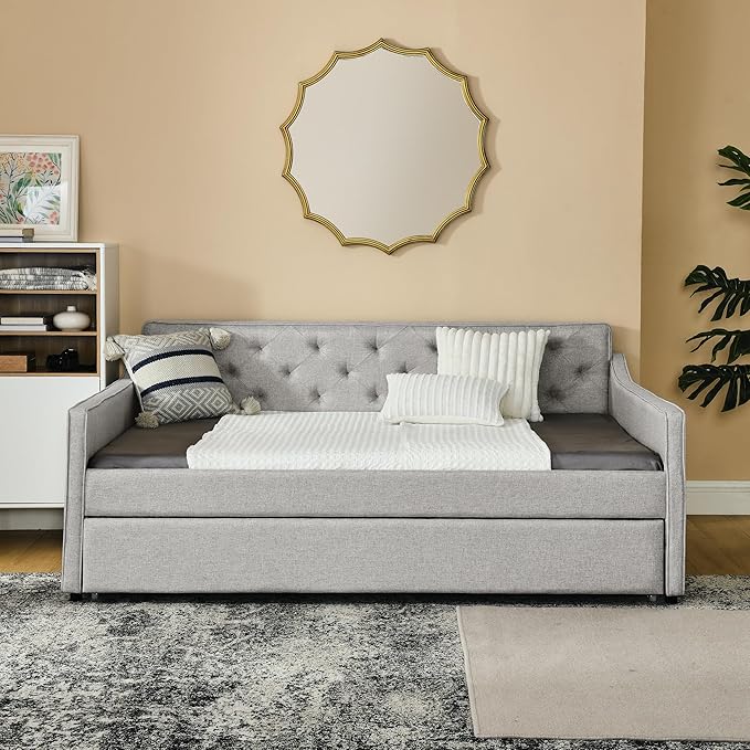 Full Size Upholstered Daybed with Twin Size Trundle, Tufted Sofa Bed w/Waved Shape Arms, for Bedroom Living Room, No Box Spring Needed & Space-Saving Design, Beige - LeafyLoom