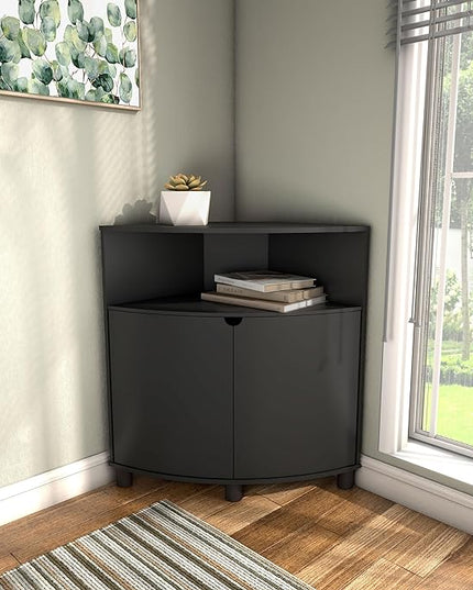Berg Modern 31-inch 16 Colors LED Corner Cabinet with Doors and 2 Shelves, USB Charge Cord, Small TV Stand for Living Room, Home Office, Black Pure - LeafyLoom