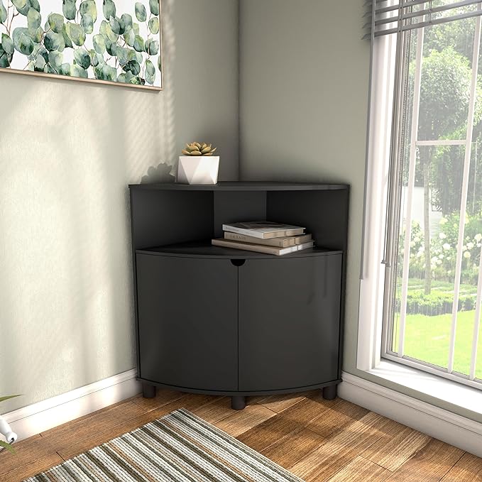 Berg Modern 31-inch 16 Colors LED Corner Cabinet with Doors and 2 Shelves, USB Charge Cord, Small TV Stand for Living Room, Home Office, Black Pure - LeafyLoom