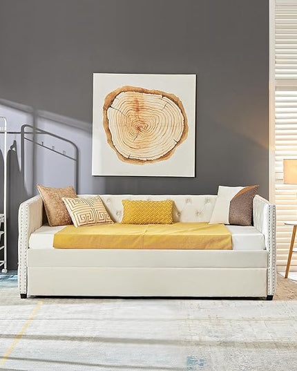 Velvet Upholstered Twin Size Daybed with Twin Trundle, Solid Wooden Sofa Bed Frame w/Button Tufted Backrest, No Box Spring Needed, for Bedroom, Living, Guest Room - LeafyLoom