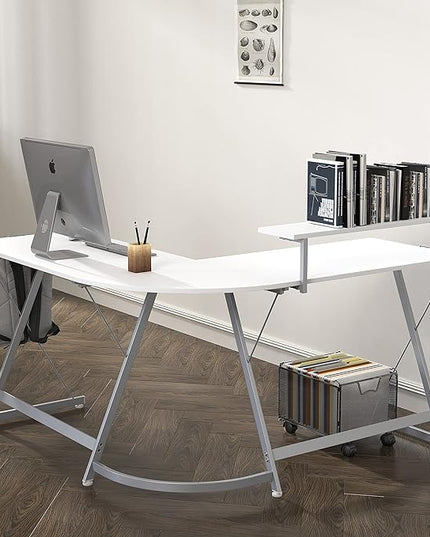 SHW Vista L-Shape Desk with Monitor Stand, White - LeafyLoom