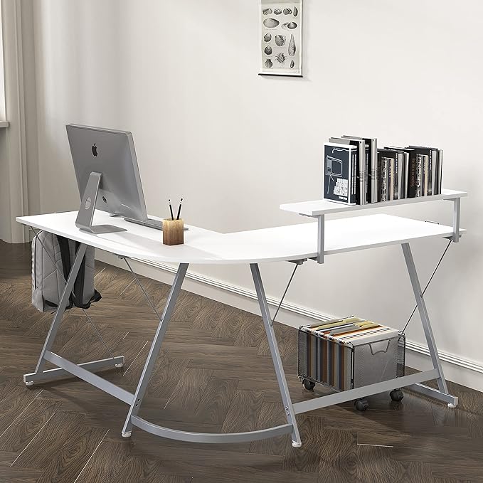 SHW Vista L-Shape Desk with Monitor Stand, White - LeafyLoom