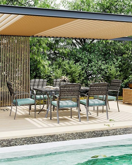 Pamapic Patio Dining Table Set, Outdoor Dining Set 7 Piece, Outdoor Wicker Furniture Set with Removable Cushions for Backyard Garden Deck/Iron Slats Table Top(Green) - LeafyLoom