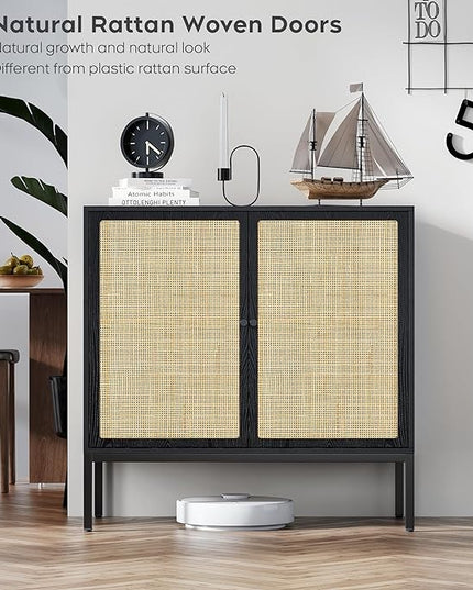 Brafab Set of 2 Rattan Cabinet Buffet Cabinet, Sideboard Cabinet with Natural Rattan Decorated Doors, Accent Cabinet, for Living Room, Entryway, Bedroom, Dining Room/Square Doors, Black - LeafyLoom