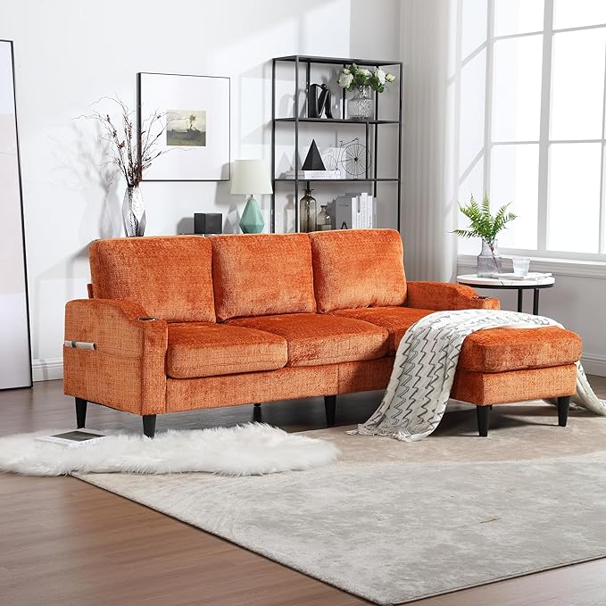 Convertible Sectional Sofa with Movable Storage Ottoman and Cupholders, 3 Seater L-Shaped Corner Couch,Chenille Upholstered Furniture w/Detachable Thicked Cushions for Living Room, Small Space - LeafyLoom