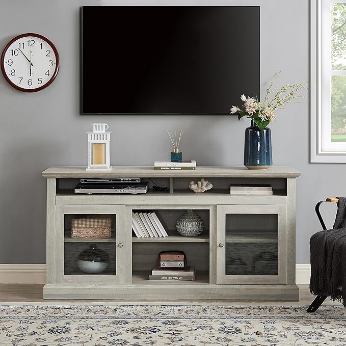 65" Farmhouse Cabinet for 65 Inch TV, Mid Century Modern Media Table Stand with Glass Door, 59'' Entertainment Center with Storage, Rustic Television Consoles for Living Room, Gray Wash - LeafyLoom
