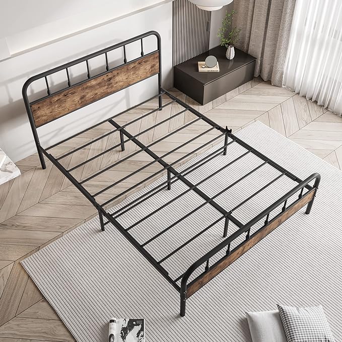 Black Queen Bed Frame with Wood Headboard,Metal Platform Bed Frames,No Box Spring Needed,Easy Assembly Rustic Brown - LeafyLoom