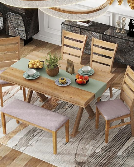 Retro 59" L Rectangular Unique Legs and 4 Upholstered Chairs & 1 Bench, Rubber, Easy Assembly, for Kitchen, Room, 6 Piece Dining Table Set, Natural Wood Wash 11 - LeafyLoom
