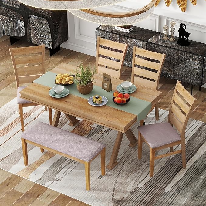 Retro 59" L Rectangular Unique Legs and 4 Upholstered Chairs & 1 Bench, Rubber, Easy Assembly, for Kitchen, Room, 6 Piece Dining Table Set, Natural Wood Wash 11 - LeafyLoom