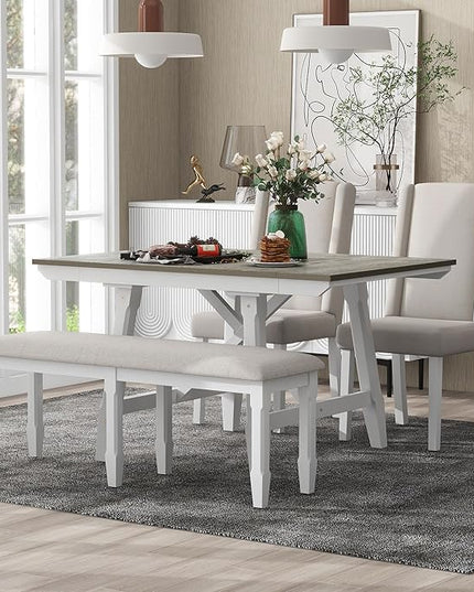 6-Piece Wooden Extendable Dining Table Set with two 12" W Removable Leaves and 4 Upholstered Chairs & 1 Bench for Kitchen Room, Brown+White - LeafyLoom