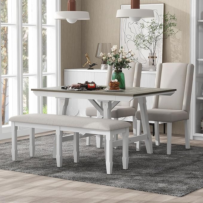 6-Piece Wooden Extendable Dining Table Set with two 12" W Removable Leaves and 4 Upholstered Chairs & 1 Bench for Kitchen Room, Brown+White - LeafyLoom