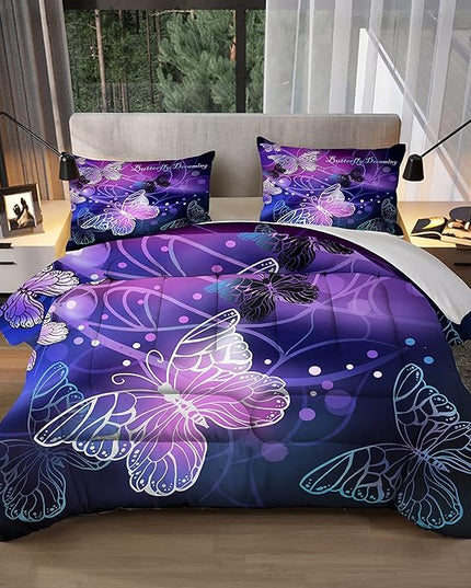 Sunnycitron Butterfly Comforter Set for Girls 3D Purple Butterfly Bedding with Comforter Full Size Girls Comforter Set Neon Butterflies Purple bed comforter full,1 Comforter + 2 Pillowcases - LeafyLoom