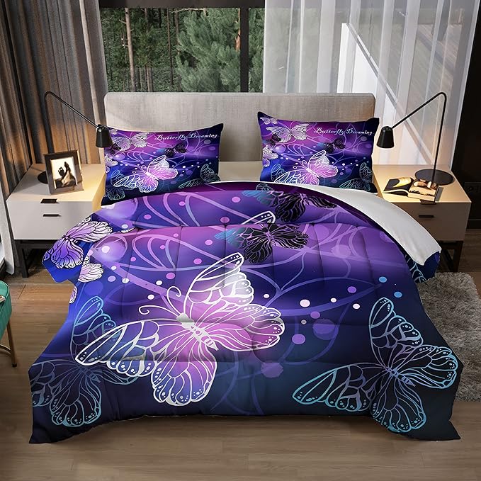 Sunnycitron Butterfly Comforter Set for Girls 3D Purple Butterfly Bedding with Comforter Full Size Girls Comforter Set Neon Butterflies Purple bed comforter full,1 Comforter + 2 Pillowcases - LeafyLoom