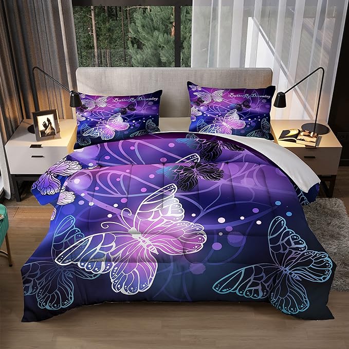 Sunnycitron 3D Purple Butterfly Bedding Queen Comforter Set Dreamy Butterfly Comforter Set for Girls Neon Butterflies Purple Bed Comforter (1 Comforter + 2 Pillowcases),Easy-Wash Fade Resistant - LeafyLoom