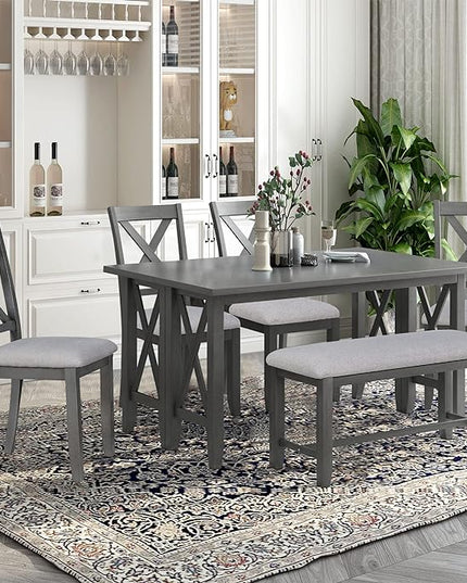 Dining Table Set for 6, 6-Piece Foldable Dining Room Set, Solid Wood Foldable Table and 4 Chairs with Bench for Dining Room, Living Room, Grey - LeafyLoom