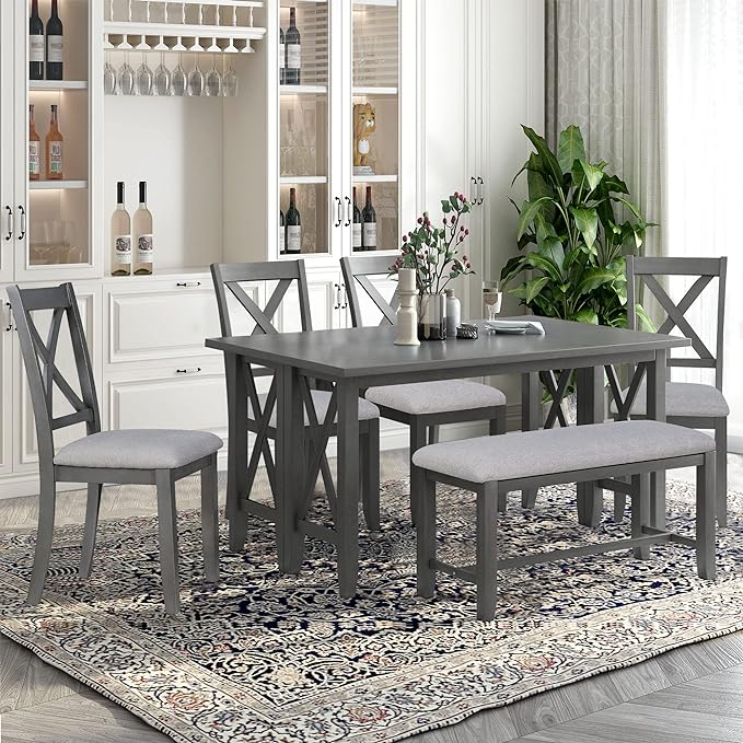 Dining Table Set for 6, 6-Piece Foldable Dining Room Set, Solid Wood Foldable Table and 4 Chairs with Bench for Dining Room, Living Room, Grey - LeafyLoom