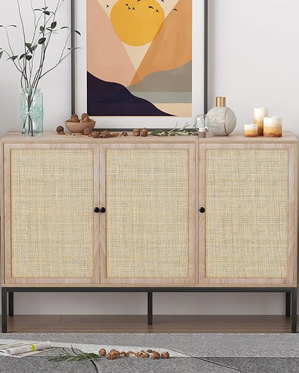 Sideboard Buffet Cabinet with Handmade Natural Decorated Doors, Buffet Cabinet Rattan Cabinet, Sideboard Cabinet with Metal Legs for Living Room, Hallway, Entryway Natural 3 Doors - LeafyLoom