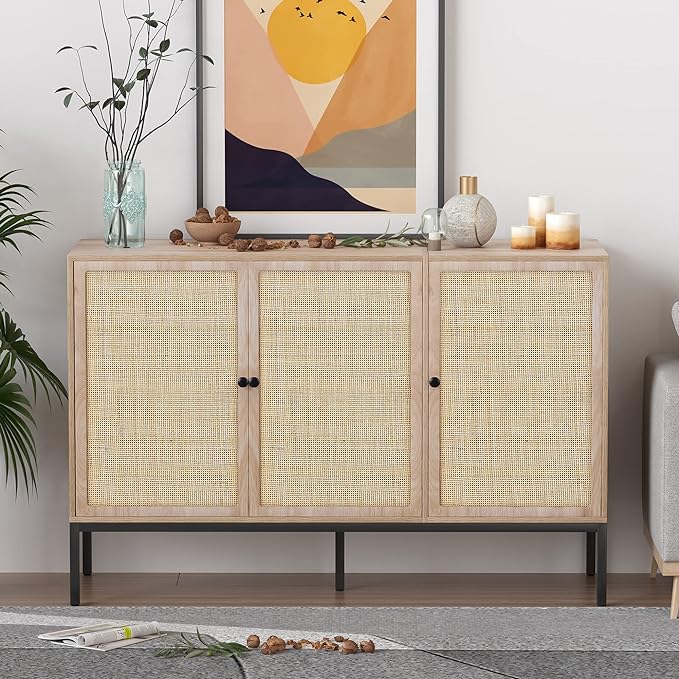 Sideboard Buffet Cabinet with Handmade Natural Decorated Doors, Buffet Cabinet Rattan Cabinet, Sideboard Cabinet with Metal Legs for Living Room, Hallway, Entryway Natural 3 Doors - LeafyLoom