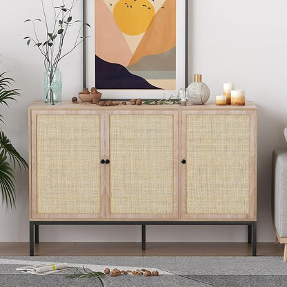Sideboard Buffet Cabinet with Handmade Natural Decorated Doors, Buffet Cabinet Rattan Cabinet, Sideboard Cabinet with Metal Legs for Living Room, Hallway, Entryway Natural 3 Doors - LeafyLoom