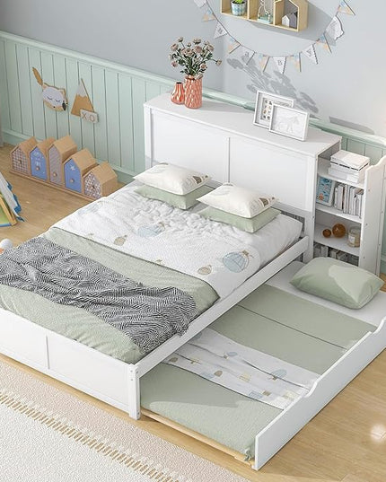 Full Size Platform Bed with Headboard, Pull Out Shelves and Twin Trundle, Wooden Versatile Storage Bedframe for Bedroom Guest Room, White - LeafyLoom