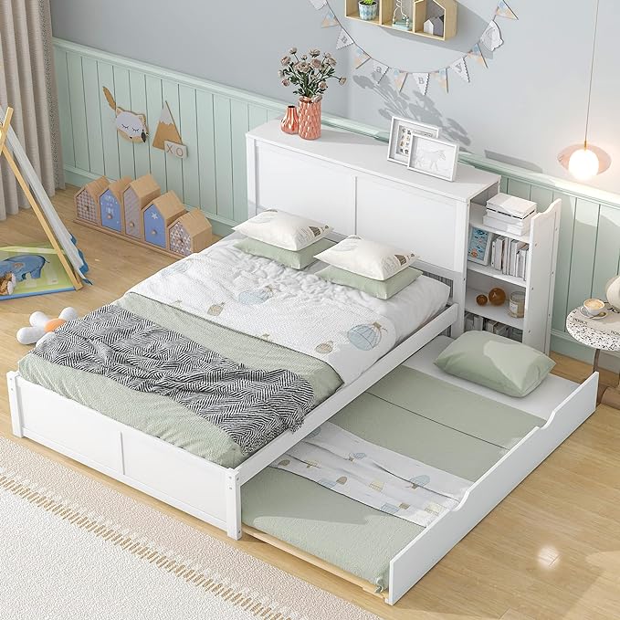 Full Size Platform Bed with Headboard, Pull Out Shelves and Twin Trundle, Wooden Versatile Storage Bedframe for Bedroom Guest Room, White - LeafyLoom