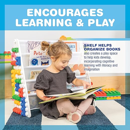 UNiPLAY Kids 4-Tier Book Storage Organizer with Sling Book Pockets, Plastic Sling Rack Bookshelf for Playroom, Fits Blocks, White/Primary - LeafyLoom