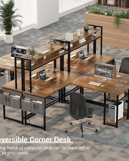 Aheaplus L Shaped Desk with Power Outlet & LED Strip, Reversible L-Shaped Corner Computer Desks Gaming Desk with Storage Shelf & Monitor Stand, Modern Home Office Desk, Writing Desk, Rustic Brown - LeafyLoom