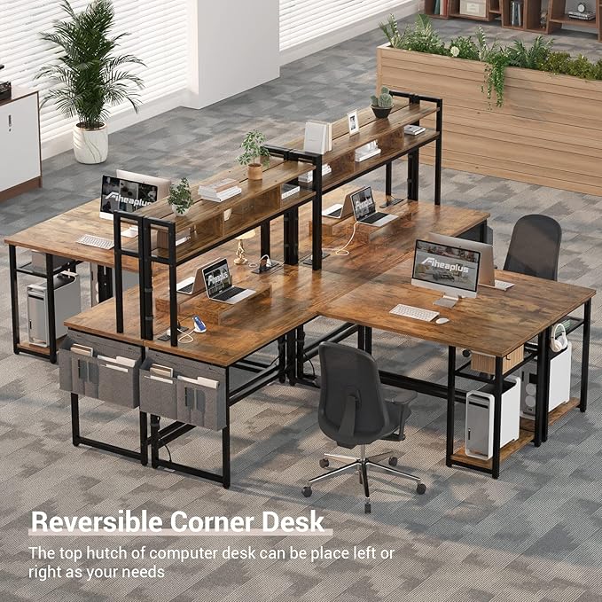 Aheaplus L Shaped Desk with Power Outlet & LED Strip, Reversible L-Shaped Corner Computer Desks Gaming Desk with Storage Shelf & Monitor Stand, Modern Home Office Desk, Writing Desk, Rustic Brown - LeafyLoom