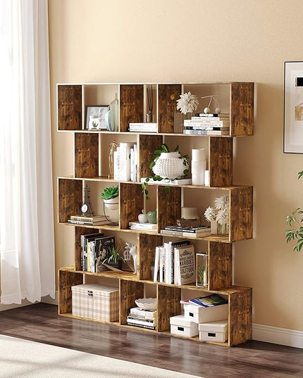 Yusong Bookshelf 5-Tier, Geometric Bookcase S Shaped Book Shelves for Bedroom, Modern Industrial Wood Decorative Display Shelf Book Case for Home Office, Rustic Brown - LeafyLoom